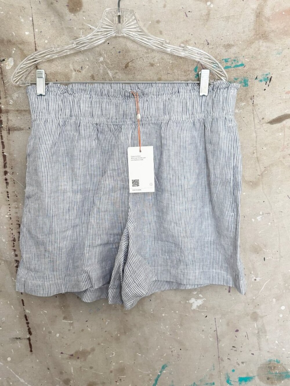 Quince 100% European Linen High Waisted Shorts, Blue Pinstripe - Picture 2 of 5